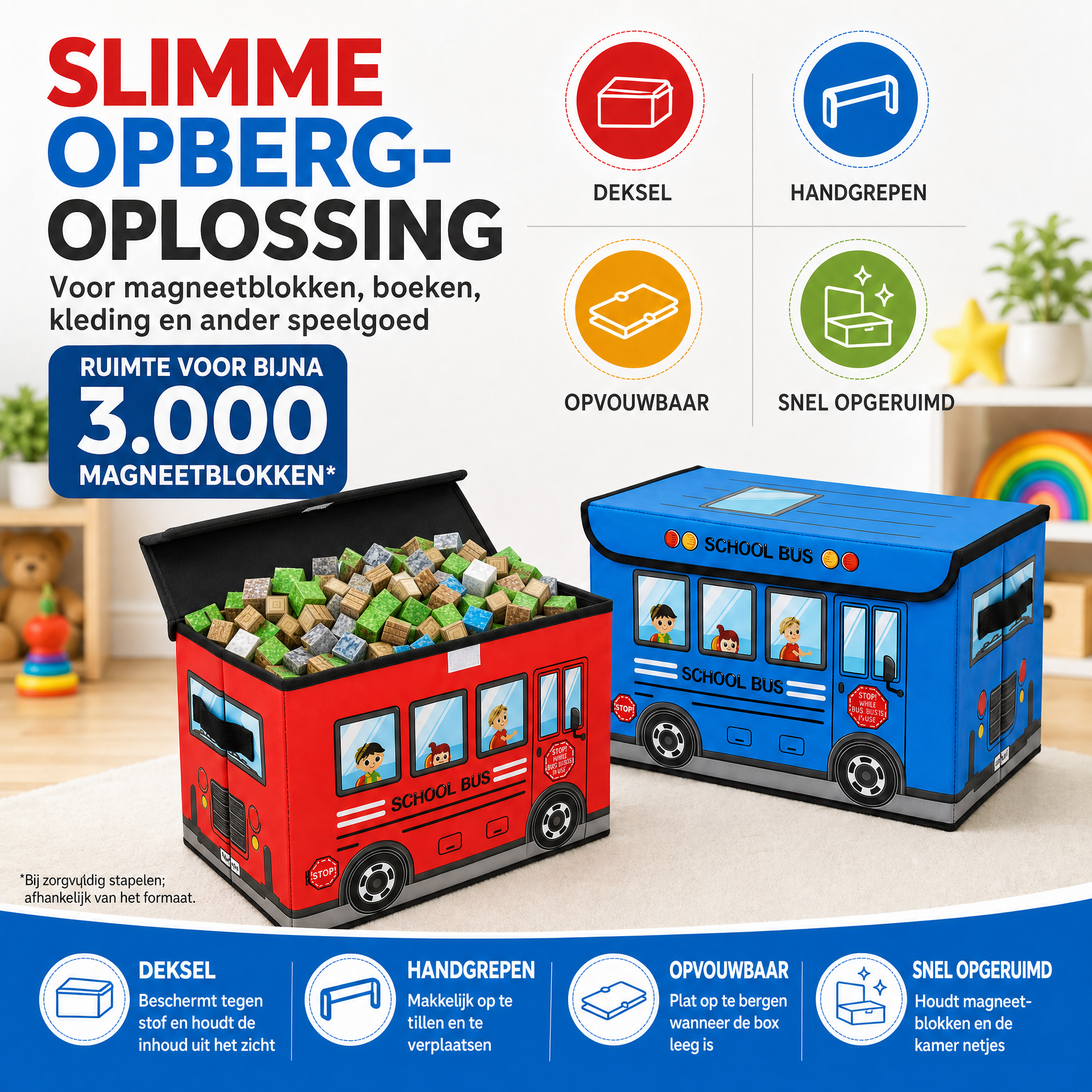 Bus-opbergbox voor magnetisch speelgoed – rood en blauw