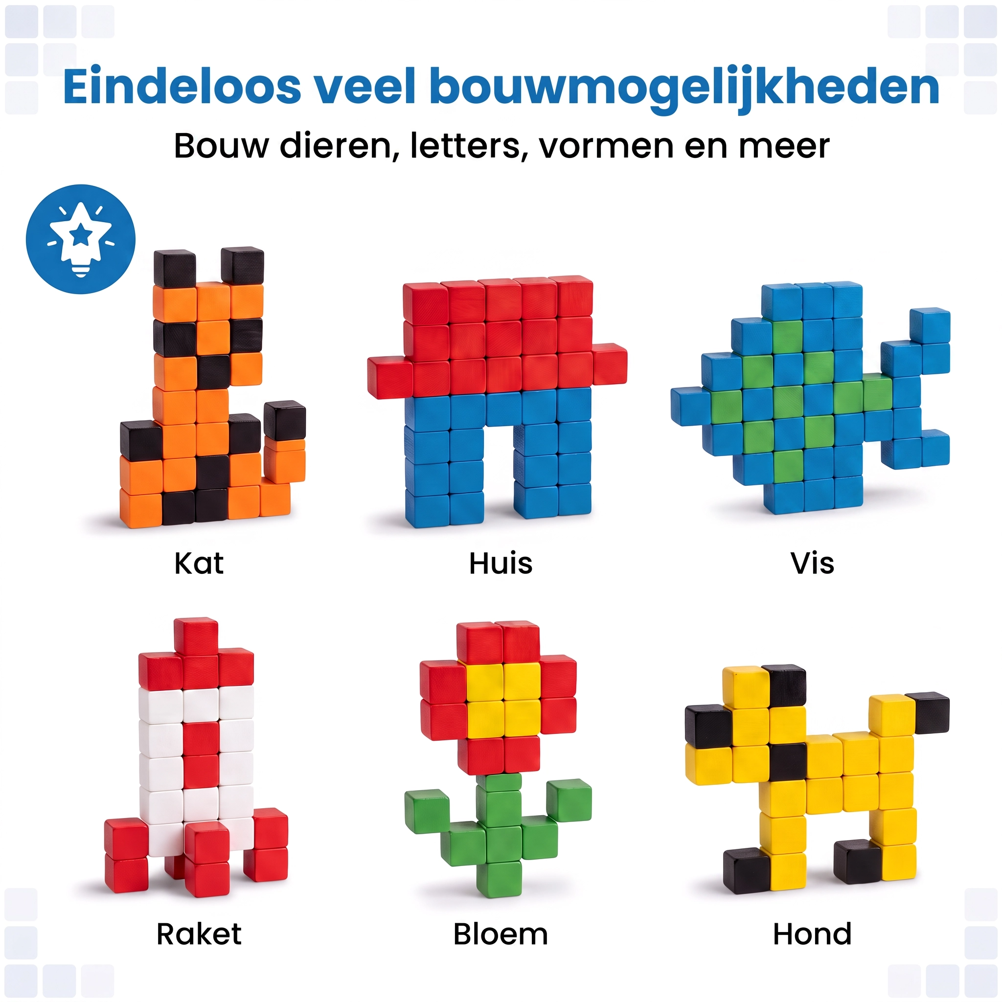 Klegu Gekleurde bouwblokken 200 bouwset detail - 200 magnetische bouwblokjes in volle vrolijke kleuren