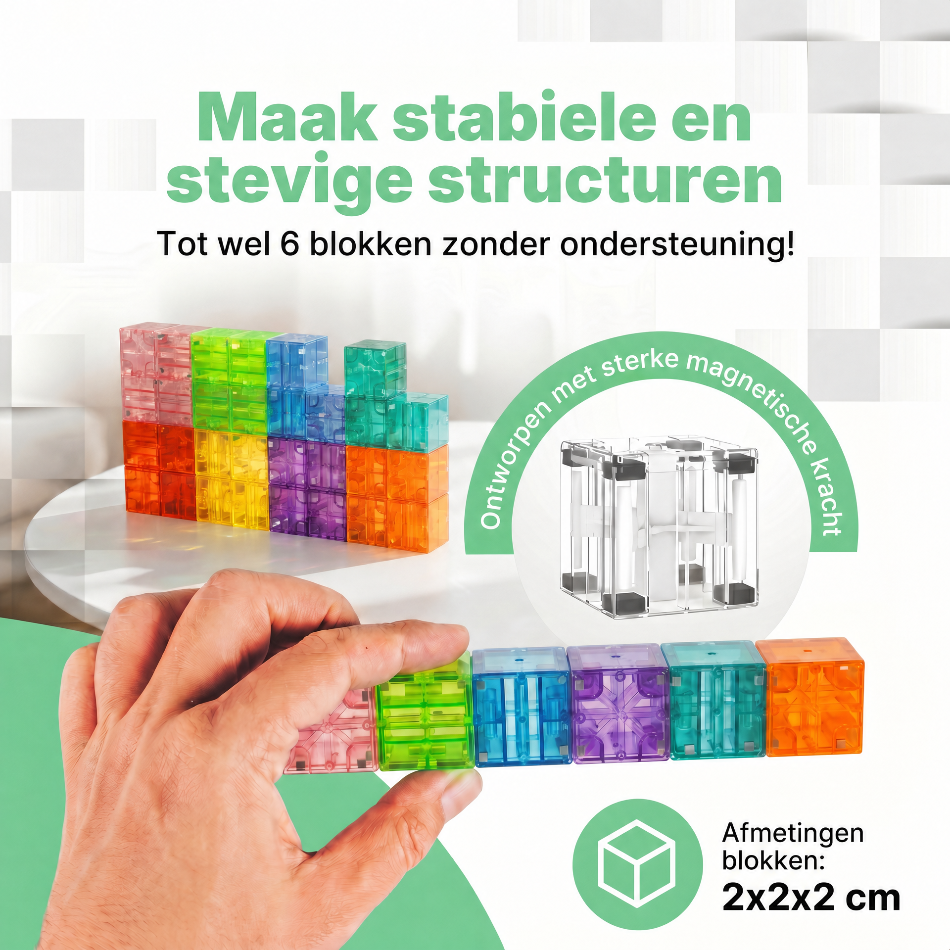 Klegu Transparante bouwblokken 32 bouwset detail - 32 magnetische bouwblokjes doorschijnend met lichteffecten