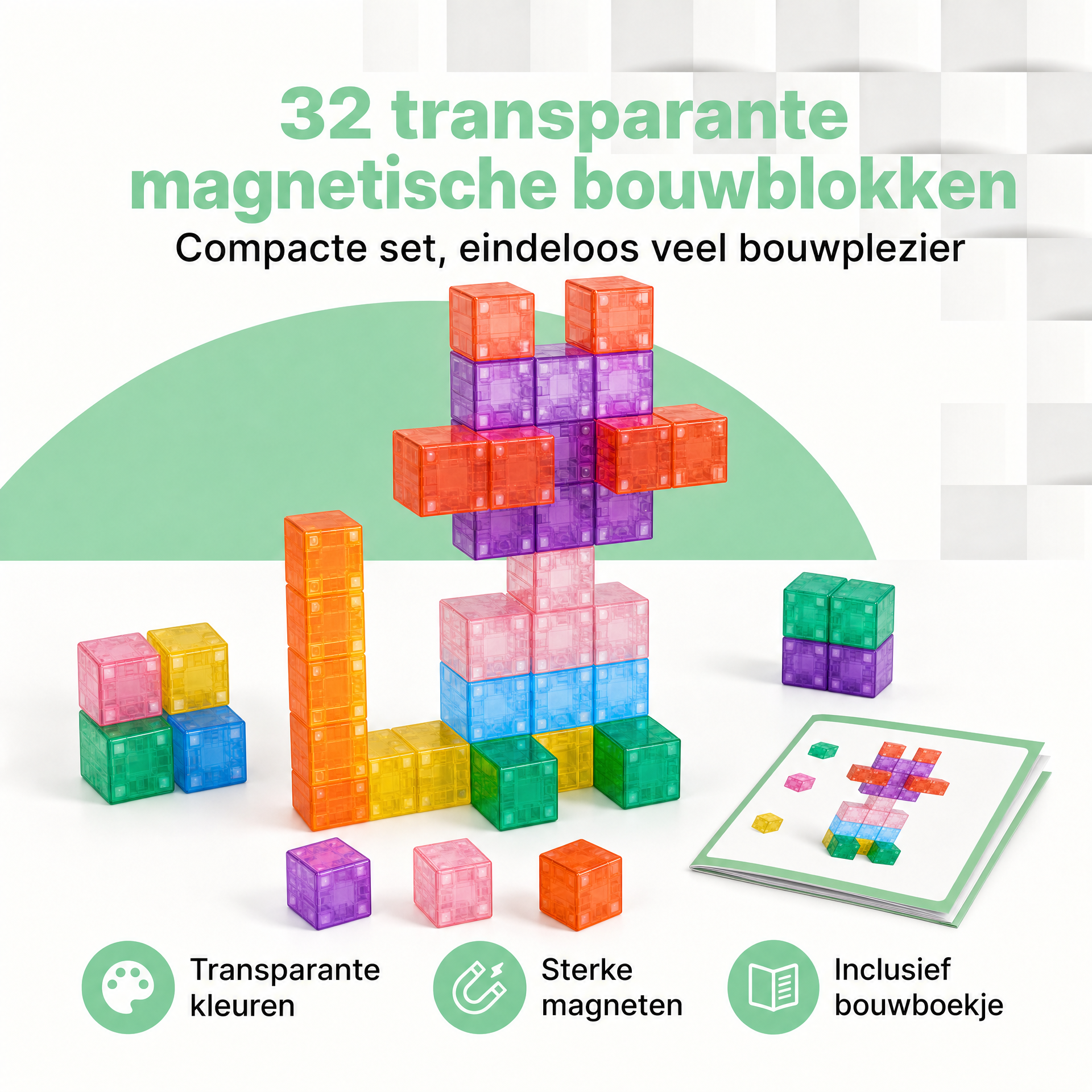 Klegu Transparante bouwblokken 32 transparante magnetische bouwblokken set - 32 stukjes productfoto