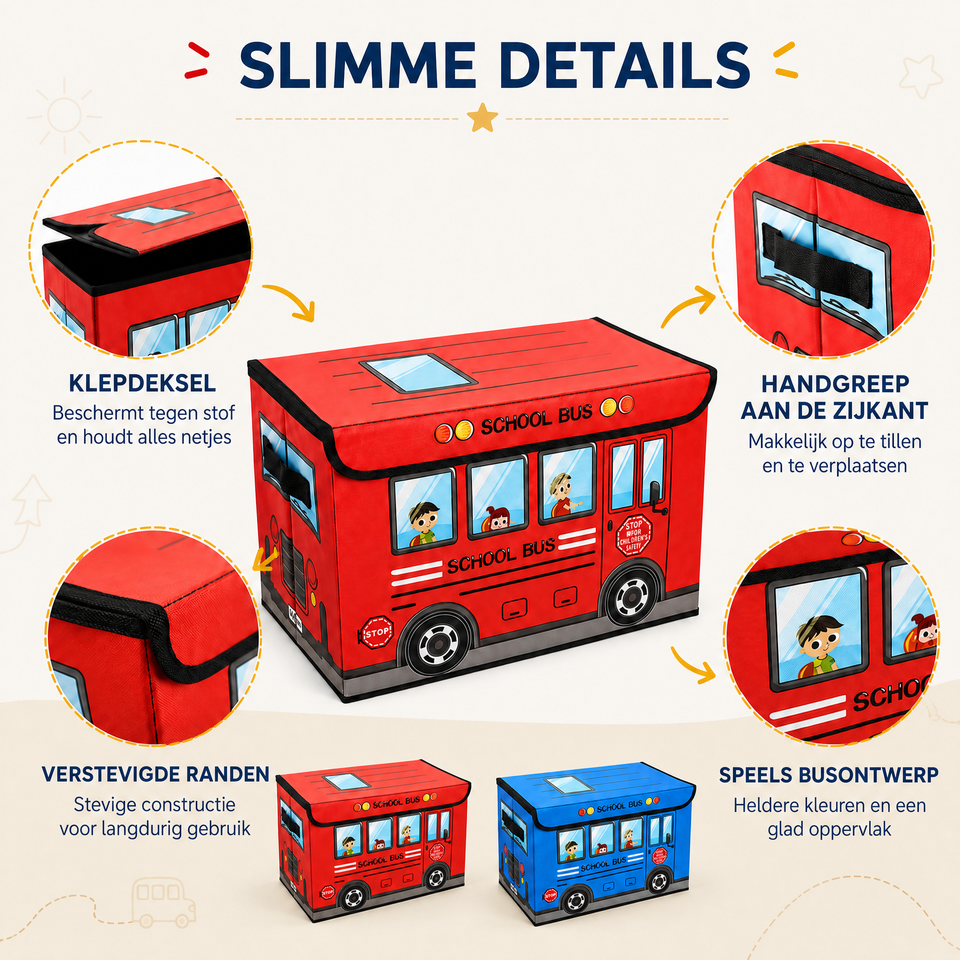 Bus-opbergbox voor magnetisch speelgoed – rood en blauw