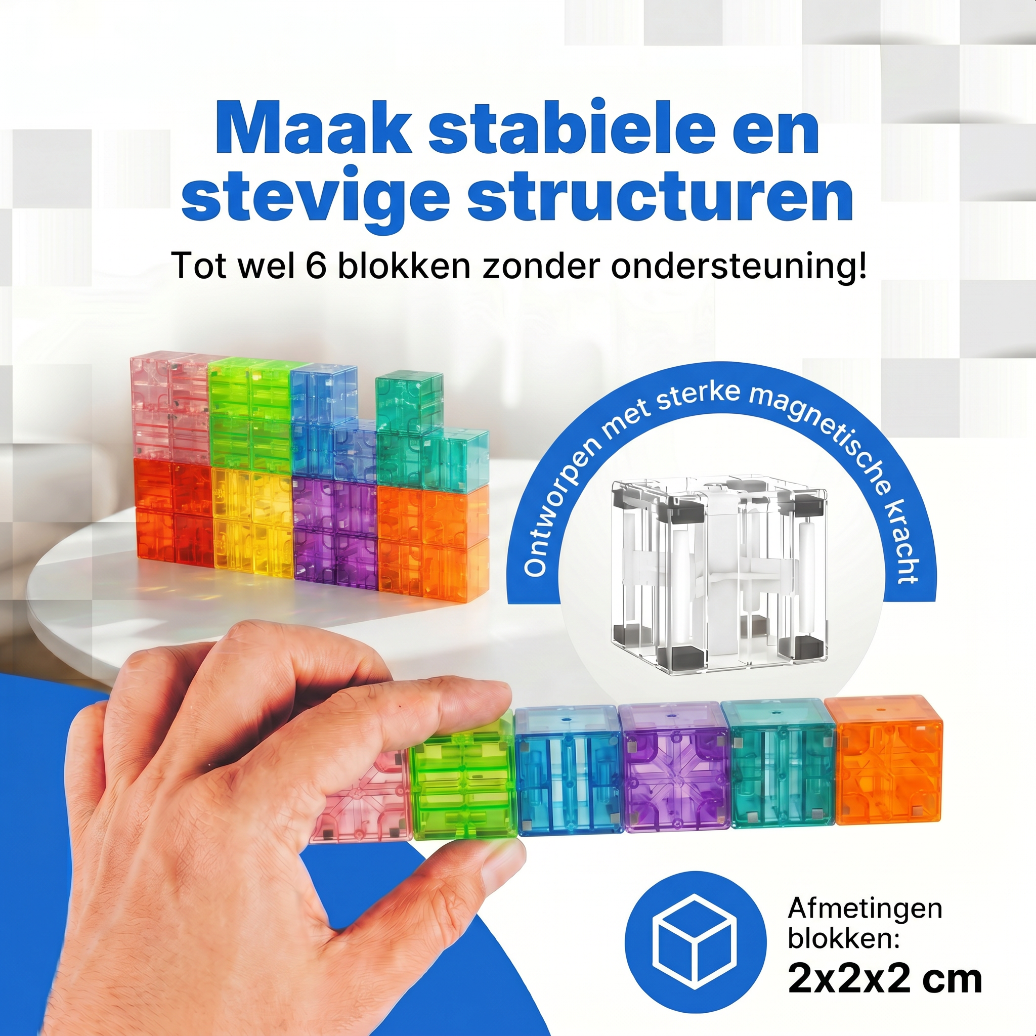 Klegu Transparante bouwblokken 96 bouwset detail - 96 magnetische bouwblokjes doorschijnend met lichteffecten