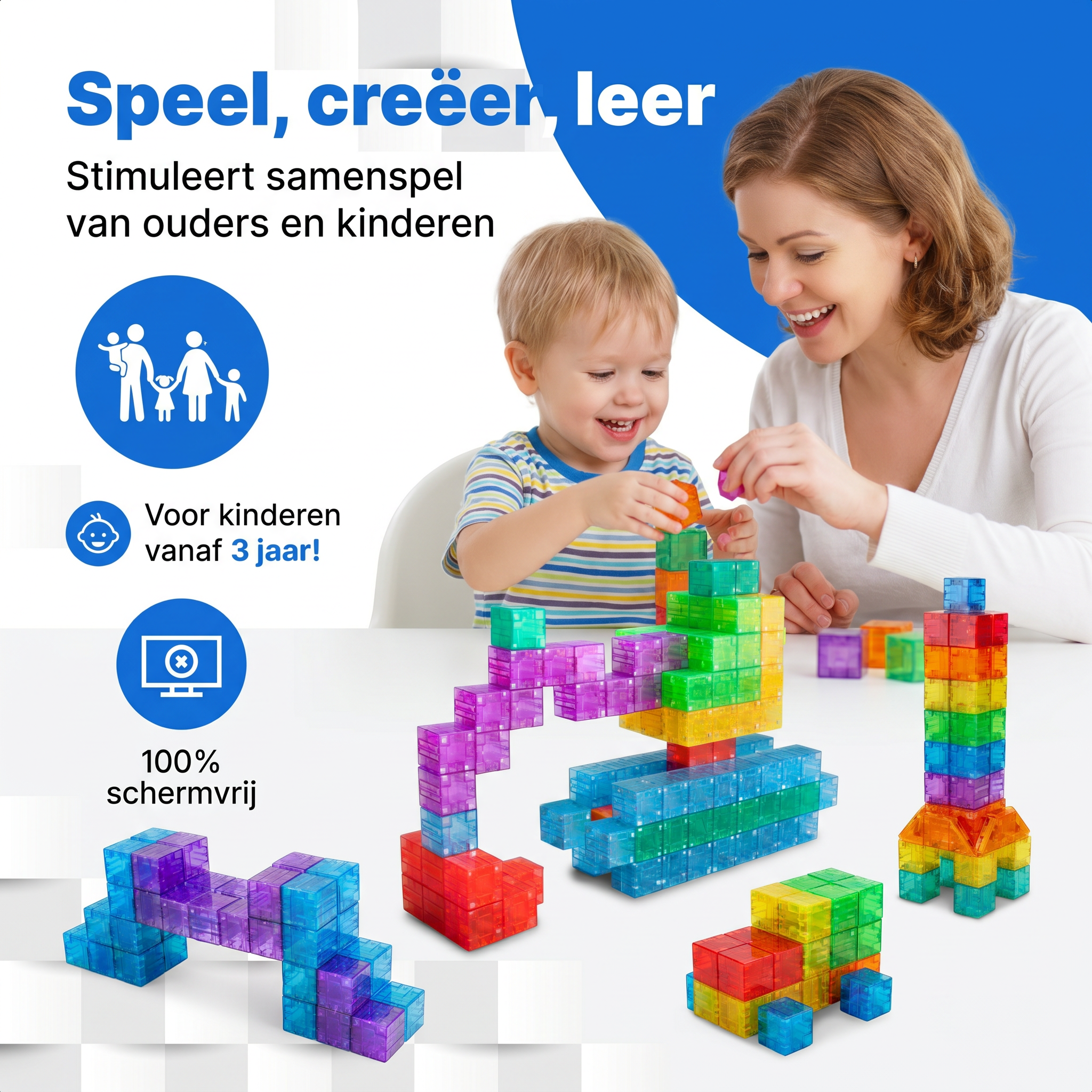 Klegu Transparante bouwblokken 96 96-delige transparante magnetische bouwset voor creatief spelen